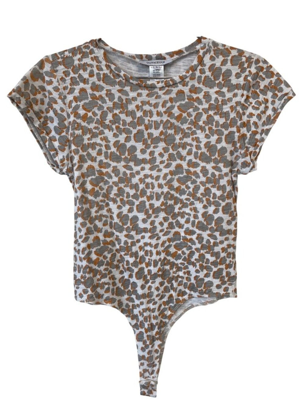 Oliveaceous Bodysuit Small Leopard Print Crewneck Short Sleeve White Gray Mature